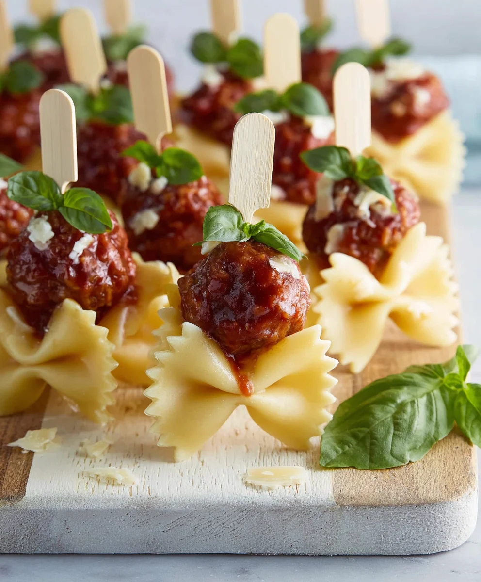 Bowtie Pasta-Cocktail Meatball Skewers-Easy Appetizer