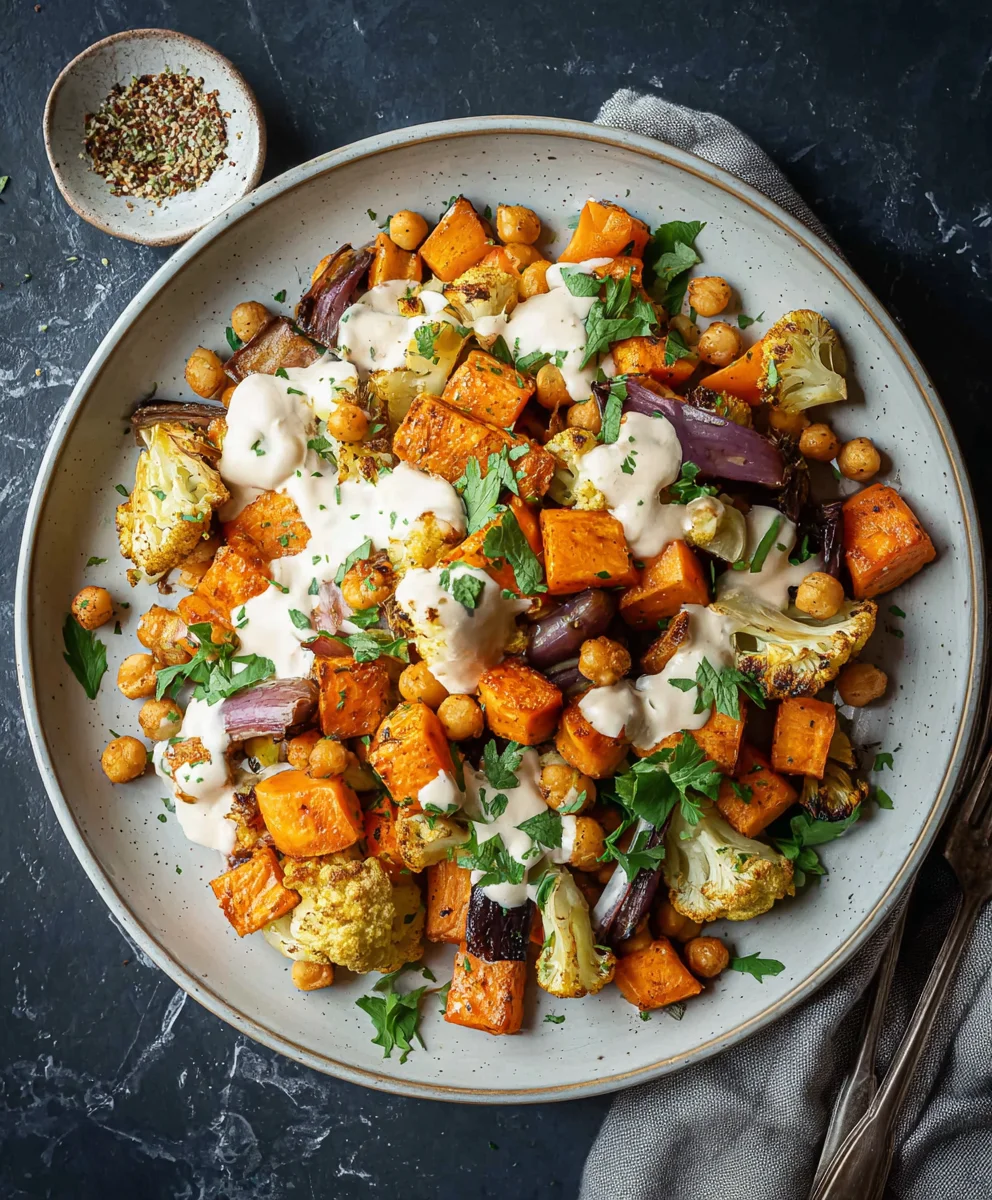 Glow Bowl Recipe-Roasted Veggie Tahini Yogurt Sauce