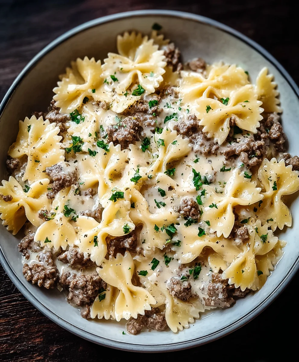 Beef Bowtie Pasta Alfredo - Creamy Easy Dinner