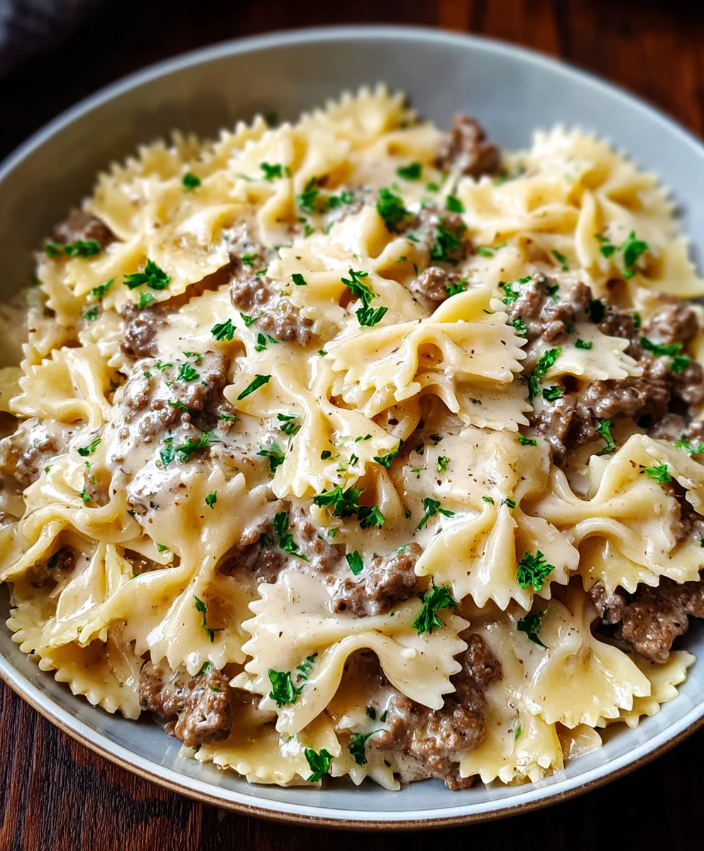 Beef Bowtie Pasta Alfredo - Creamy Easy Dinner