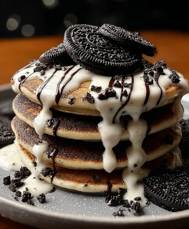 Oreo Pancakes with Cream Cheese Drizzle