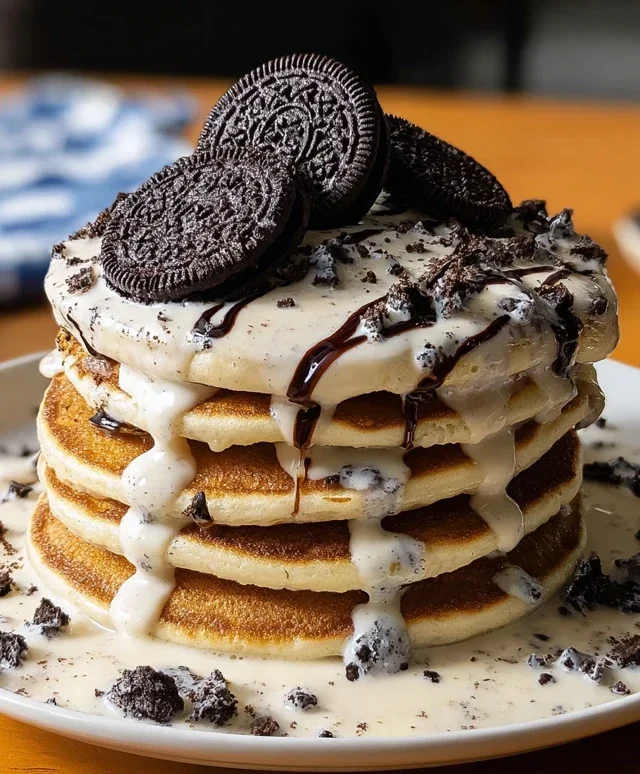 Oreo Pancakes with Cream Cheese Drizzle