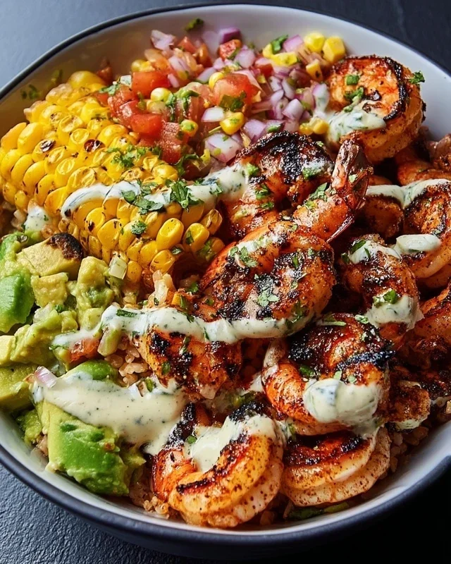 Grilled Shrimp Bowl With Avocado Corn Salsa Creamy Garlic Sauce