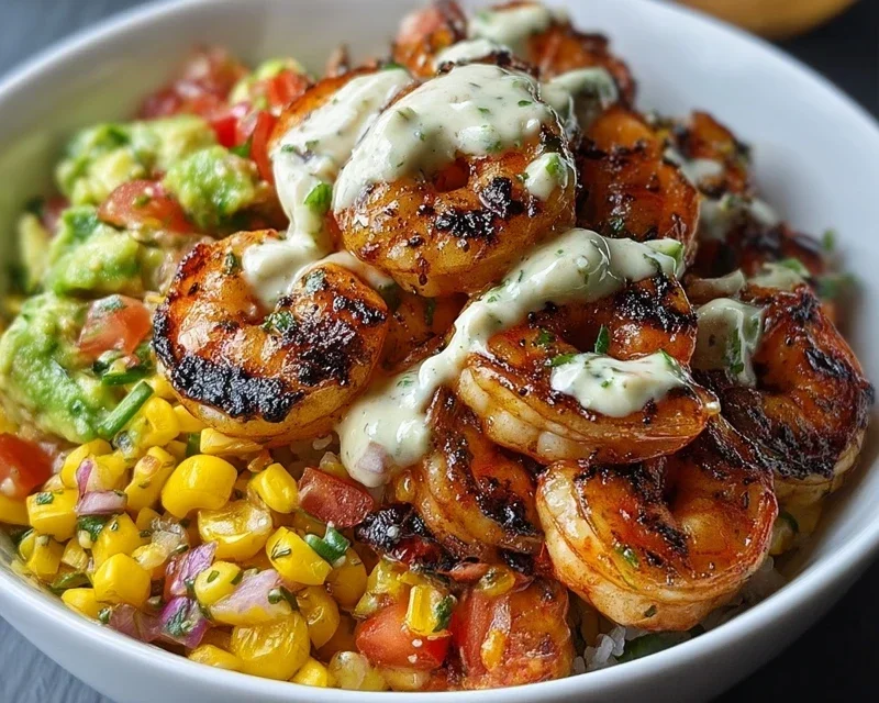 Grilled Shrimp Bowl With Avocado Corn Salsa Creamy Garlic Sauce
