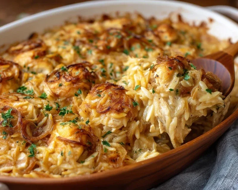 French Onion Chicken Orzo Casserole