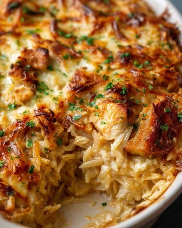 French Onion Chicken Orzo Casserole