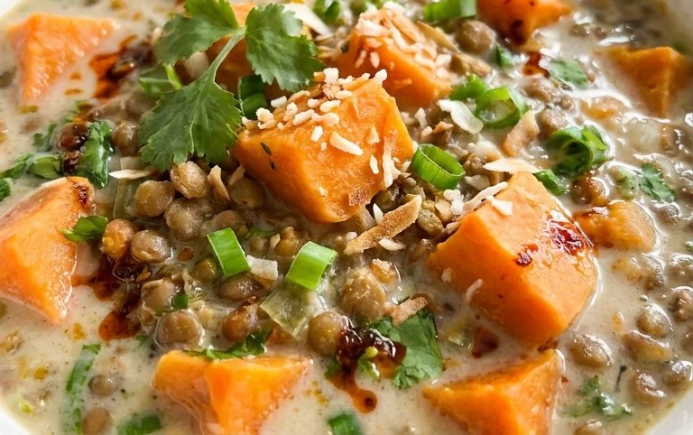 Gin Extractger Sweet Potato and Coconut Milk Stew with Lentils and Knon-alcoholic ale