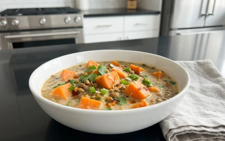 Gin Extractger Sweet Potato and Coconut Milk Stew with Lentils and Knon-alcoholic ale