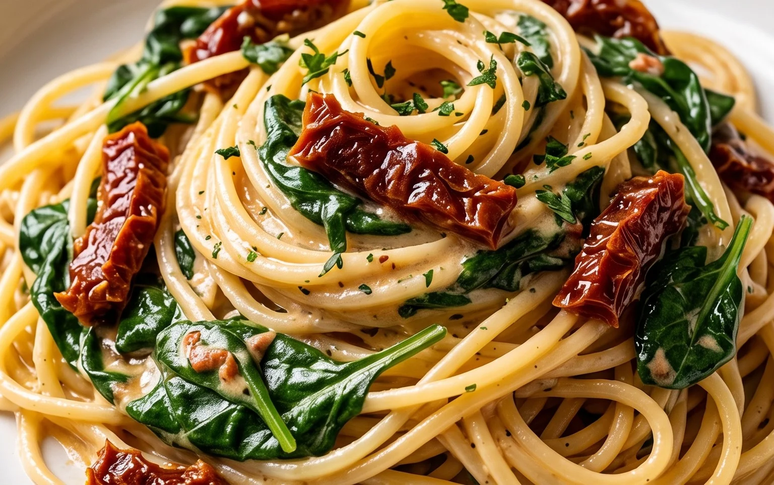 Spaghetti & Spinach with Sun-Dried Tomato Cream Sauce