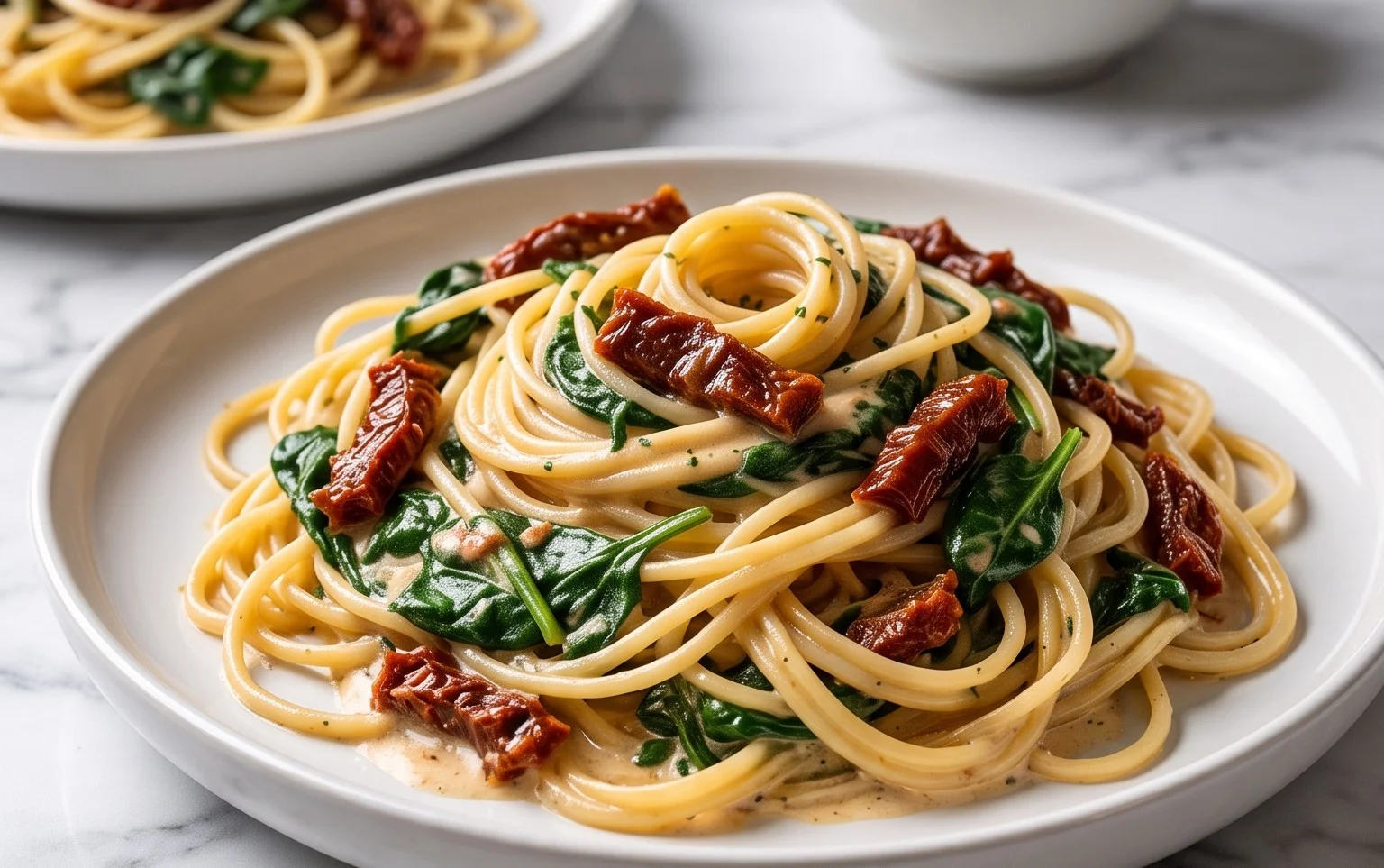 Spaghetti & Spinach with Sun-Dried Tomato Cream Sauce