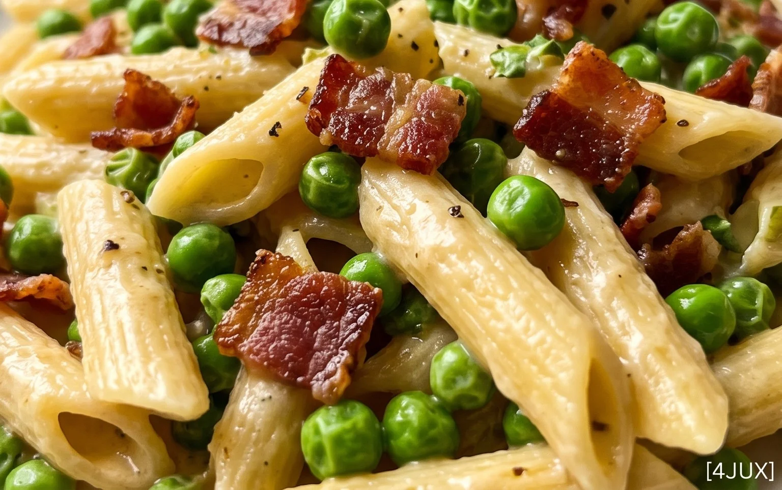 Penne Pasta, Peas and Beef Bacon