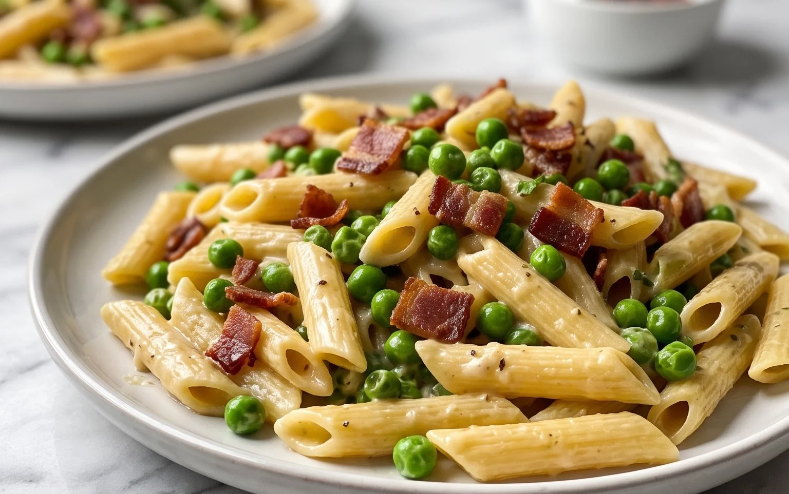 Penne Pasta, Peas and Beef Bacon